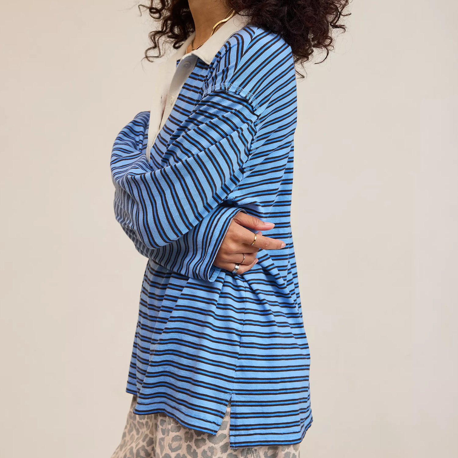 Oversized Polo Neck Striped Long Sleeve Boyfriend Tee