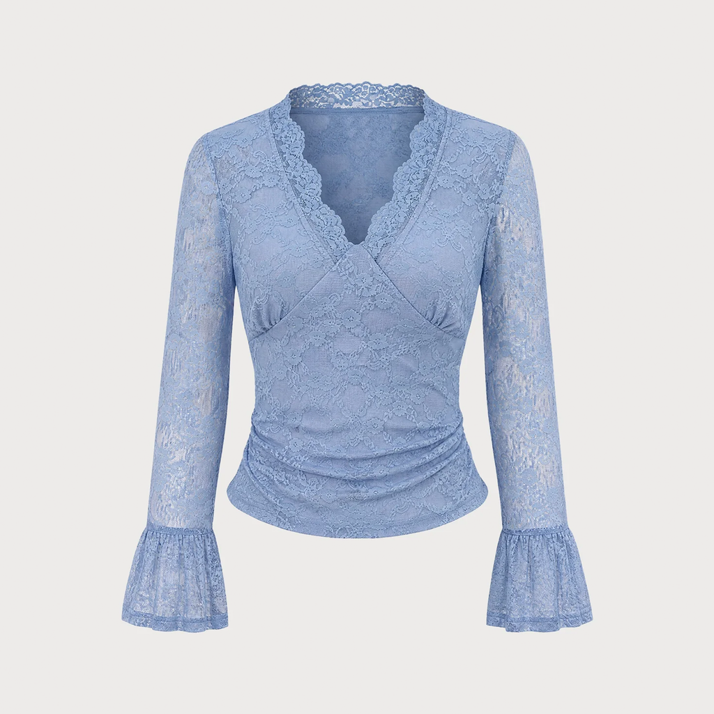 V‑Neck Floral Lace Bell Long Sleeve Slim Fit Top