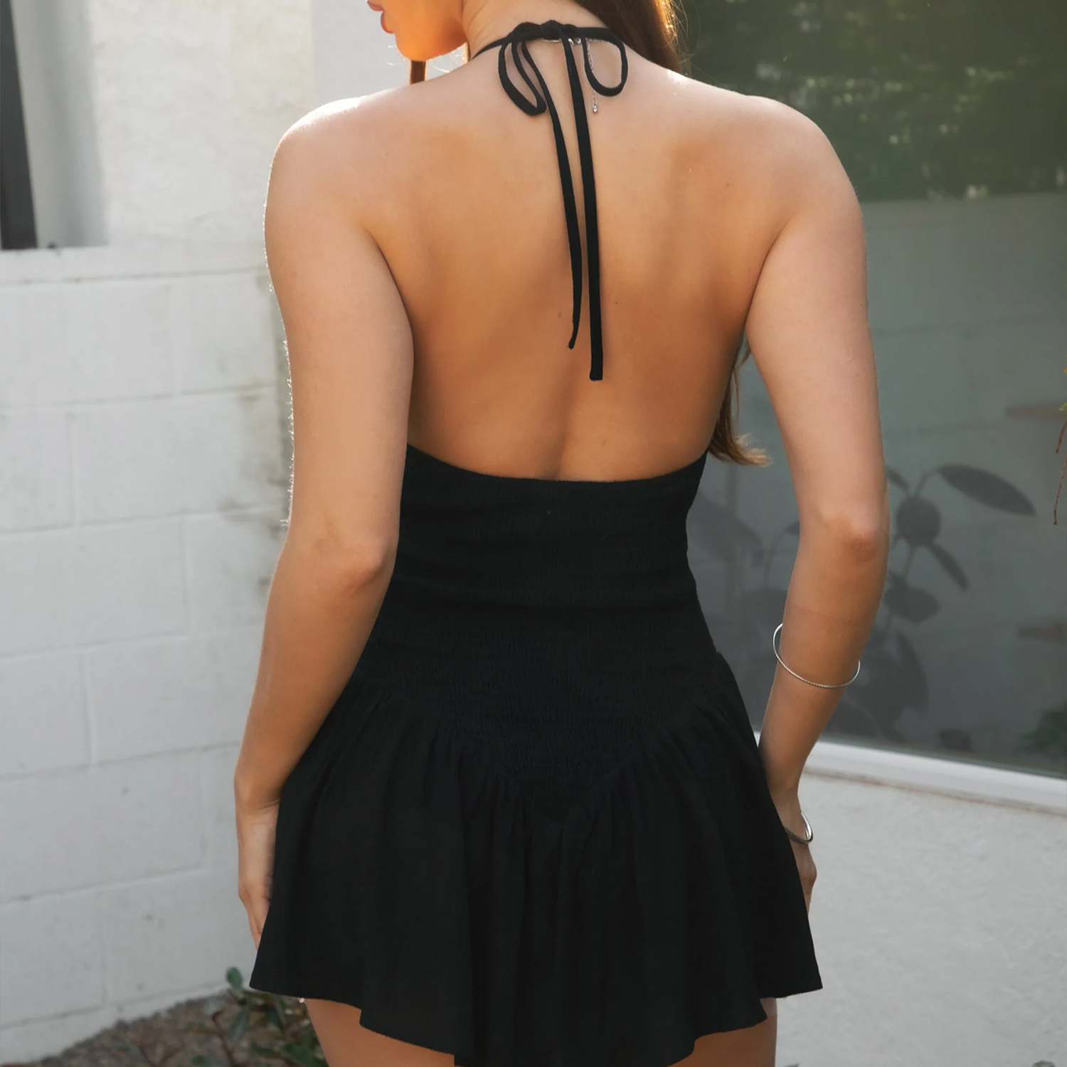 Crinkle Gauze Halter V‑Neck Mini Dress