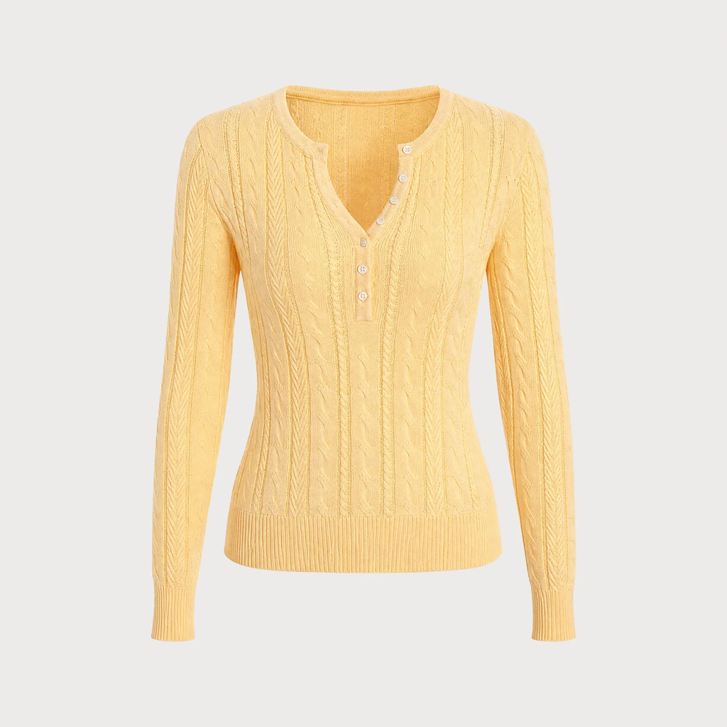 Round Neck Henley Button Textured Slim Knit Sweater