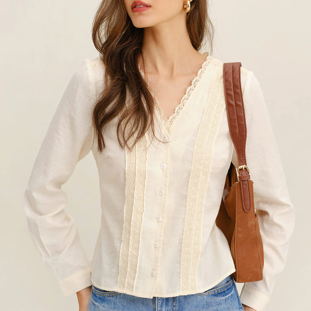 V‑Neck Lace Trim Button‑Front Elegant Blouse