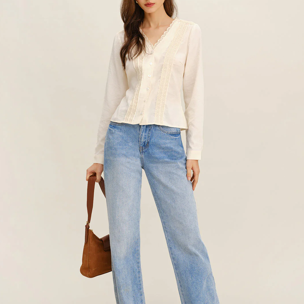 V‑Neck Lace Trim Button‑Front Elegant Blouse