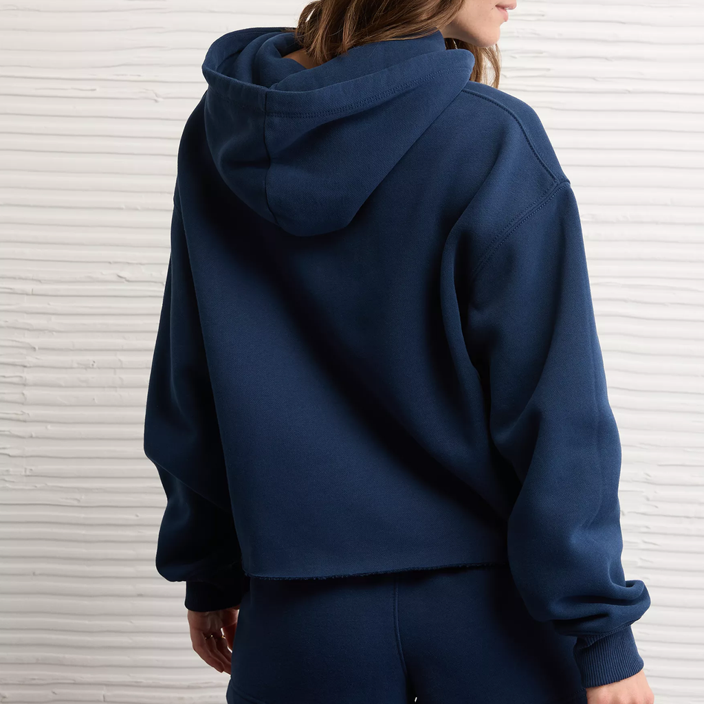 Blue Cut‑Off Hem Drawstring Hooded Fleece Sweatshirt