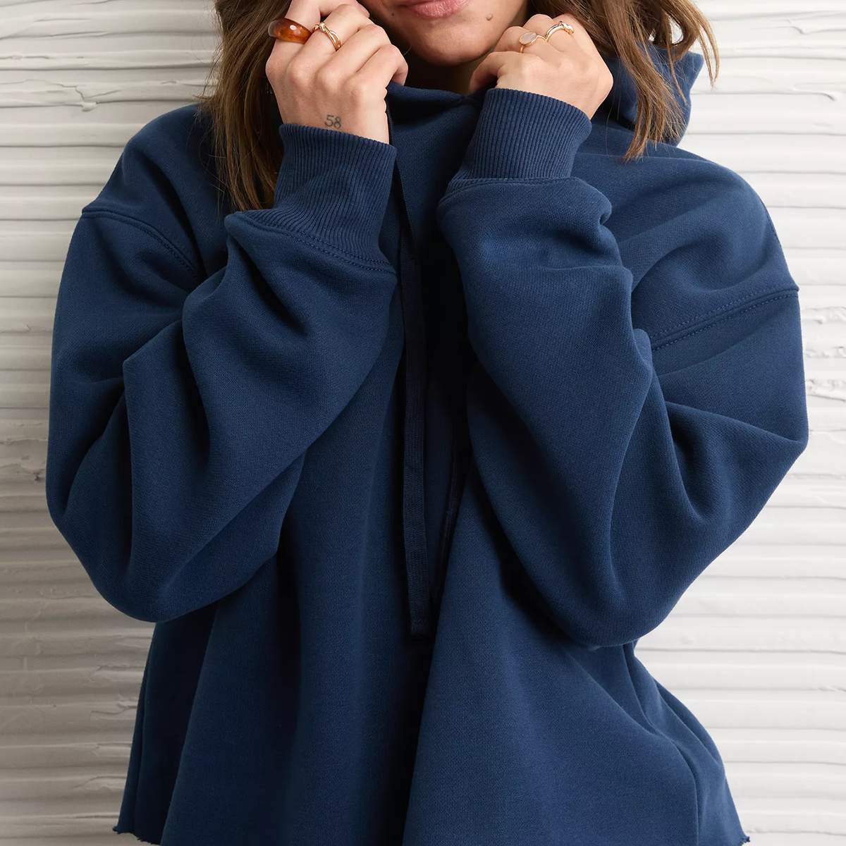 Blue Cut‑Off Hem Drawstring Hooded Fleece Sweatshirt