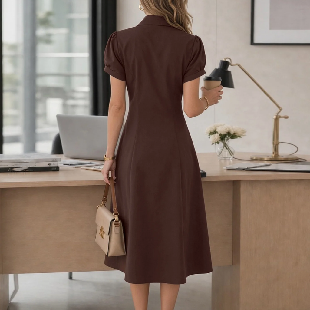 Collared Puffed Sleeve Ruched A‑Line Midi Dress