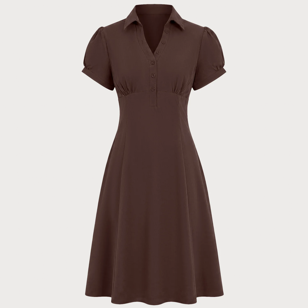 Collared Puffed Sleeve Ruched A‑Line Midi Dress
