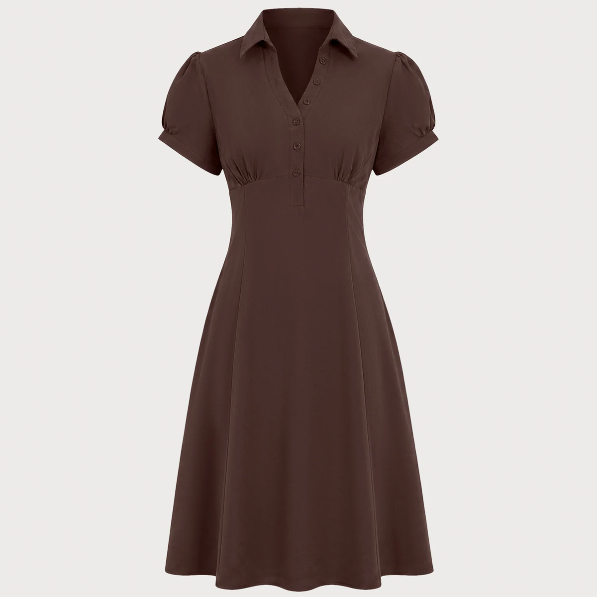Collared Puffed Sleeve Ruched A‑Line Midi Dress