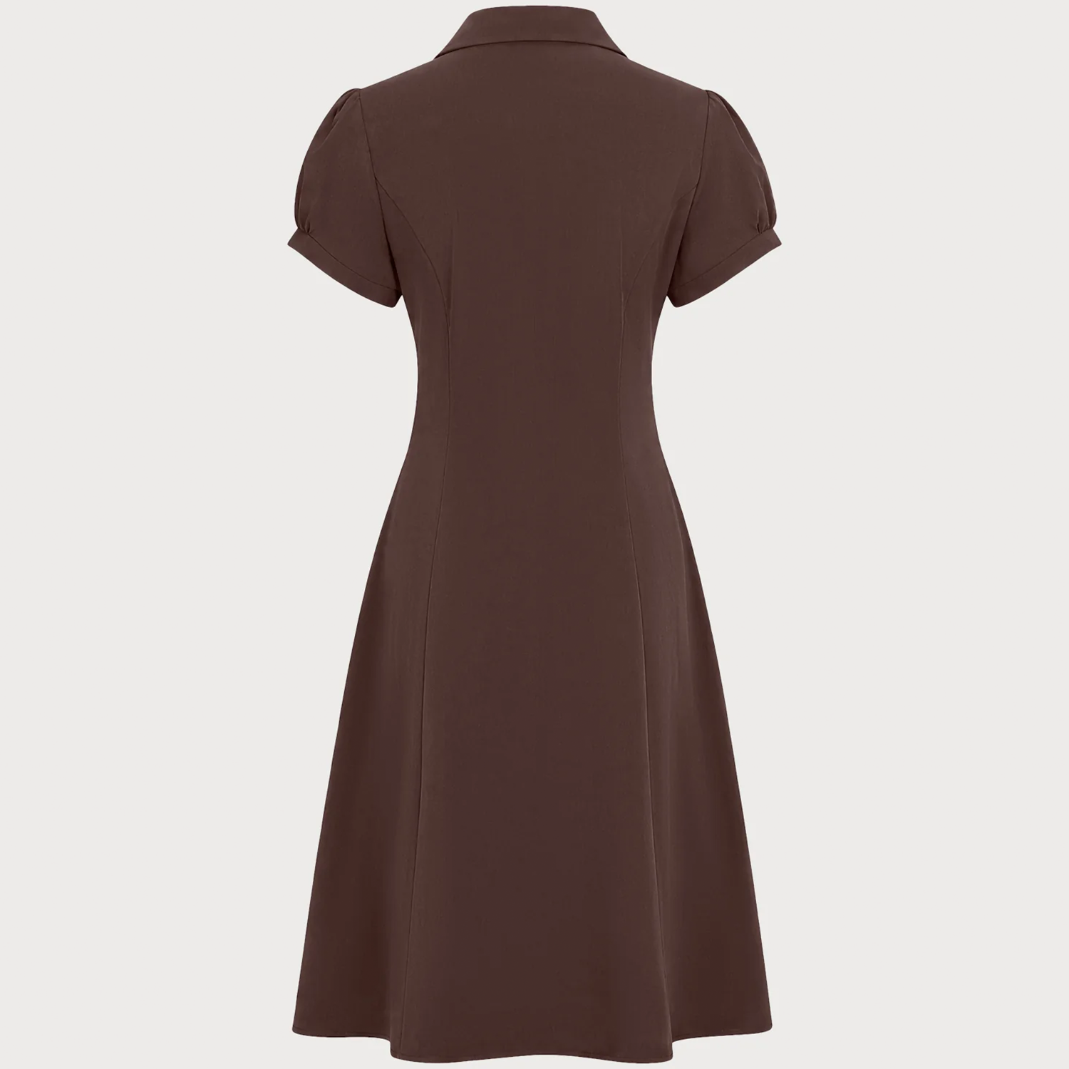 Collared Puffed Sleeve Ruched A‑Line Midi Dress
