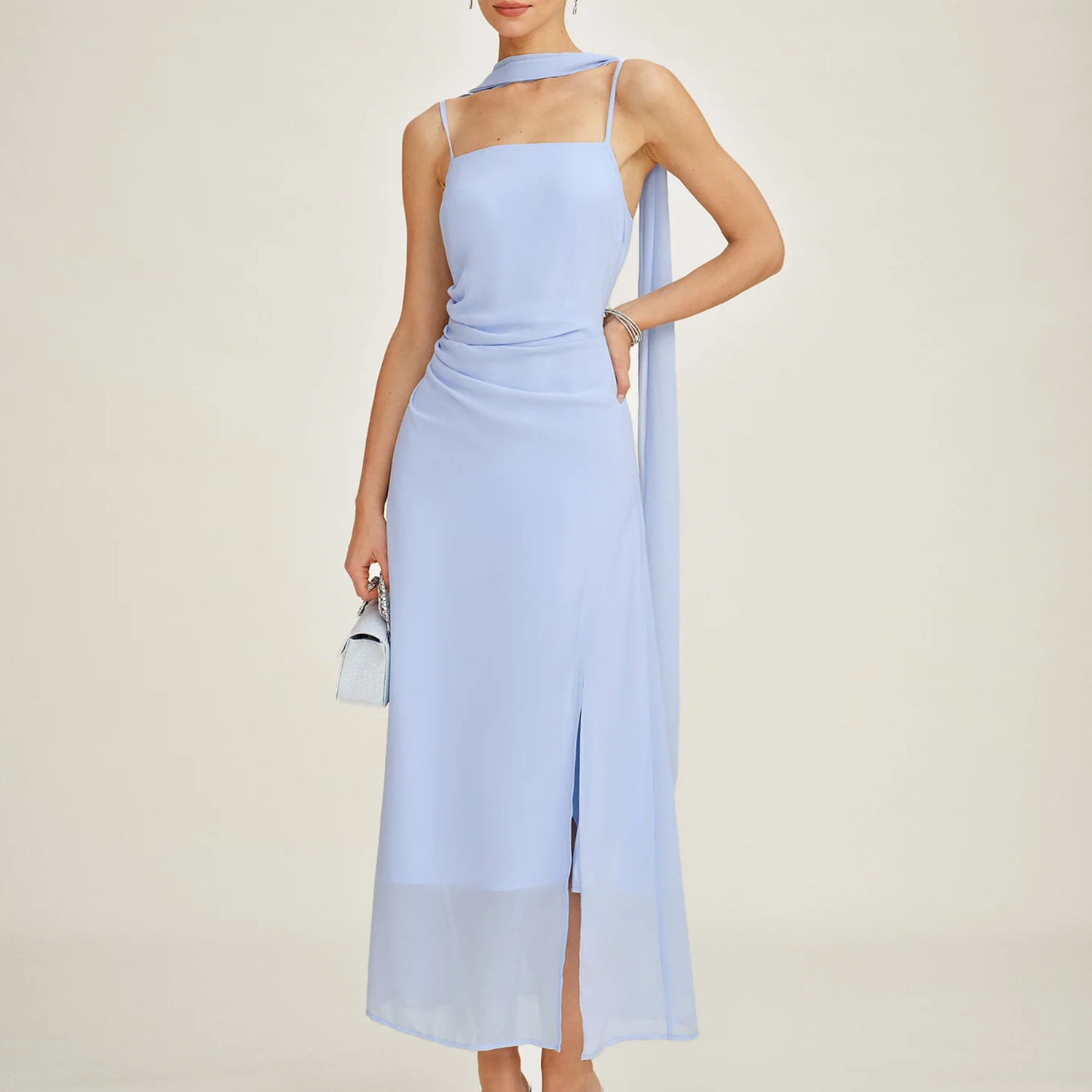 Cowl Neck Strap Chiffon Split Maxi Dress