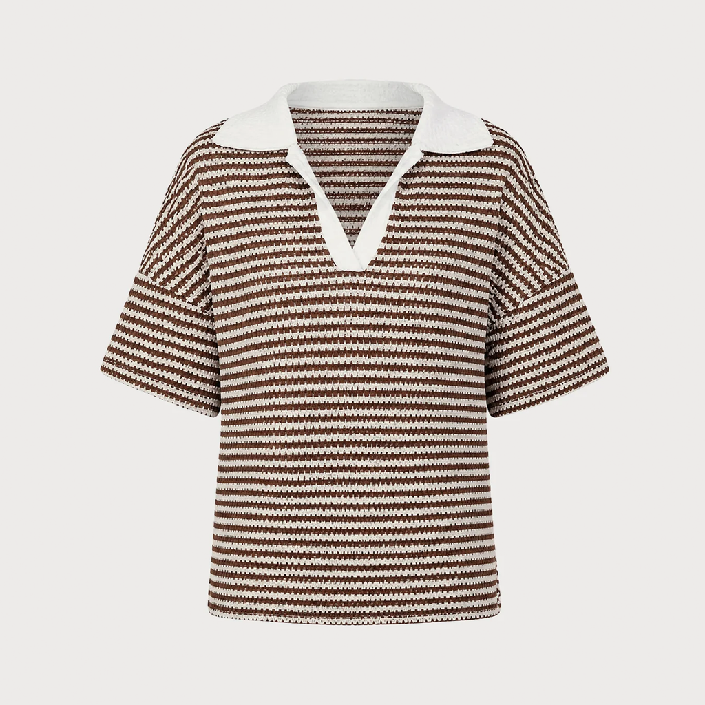 Collared V‑Notch Striped Short Sleeve Knit Top