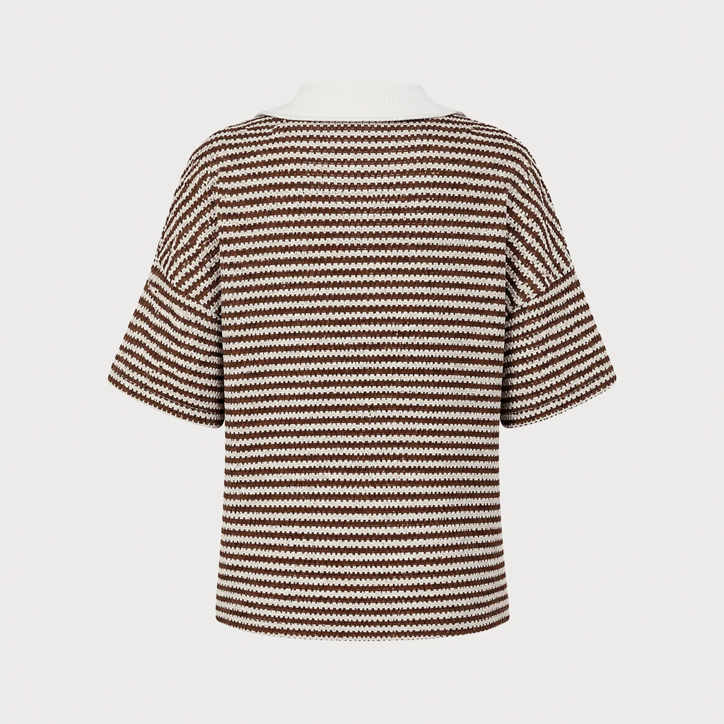 Collared V‑Notch Striped Short Sleeve Knit Top