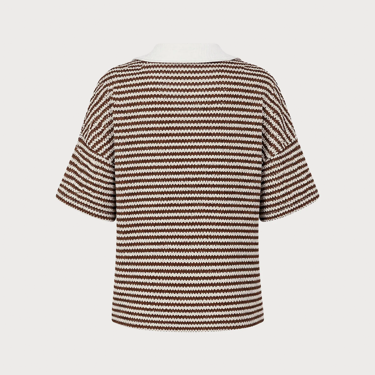 Collared V‑Notch Striped Short Sleeve Knit Top